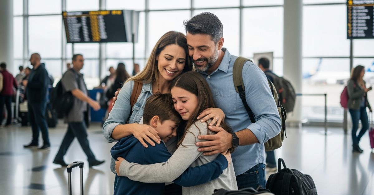 Happy family reunion at airport with help from Immigration Consultants in Kerala